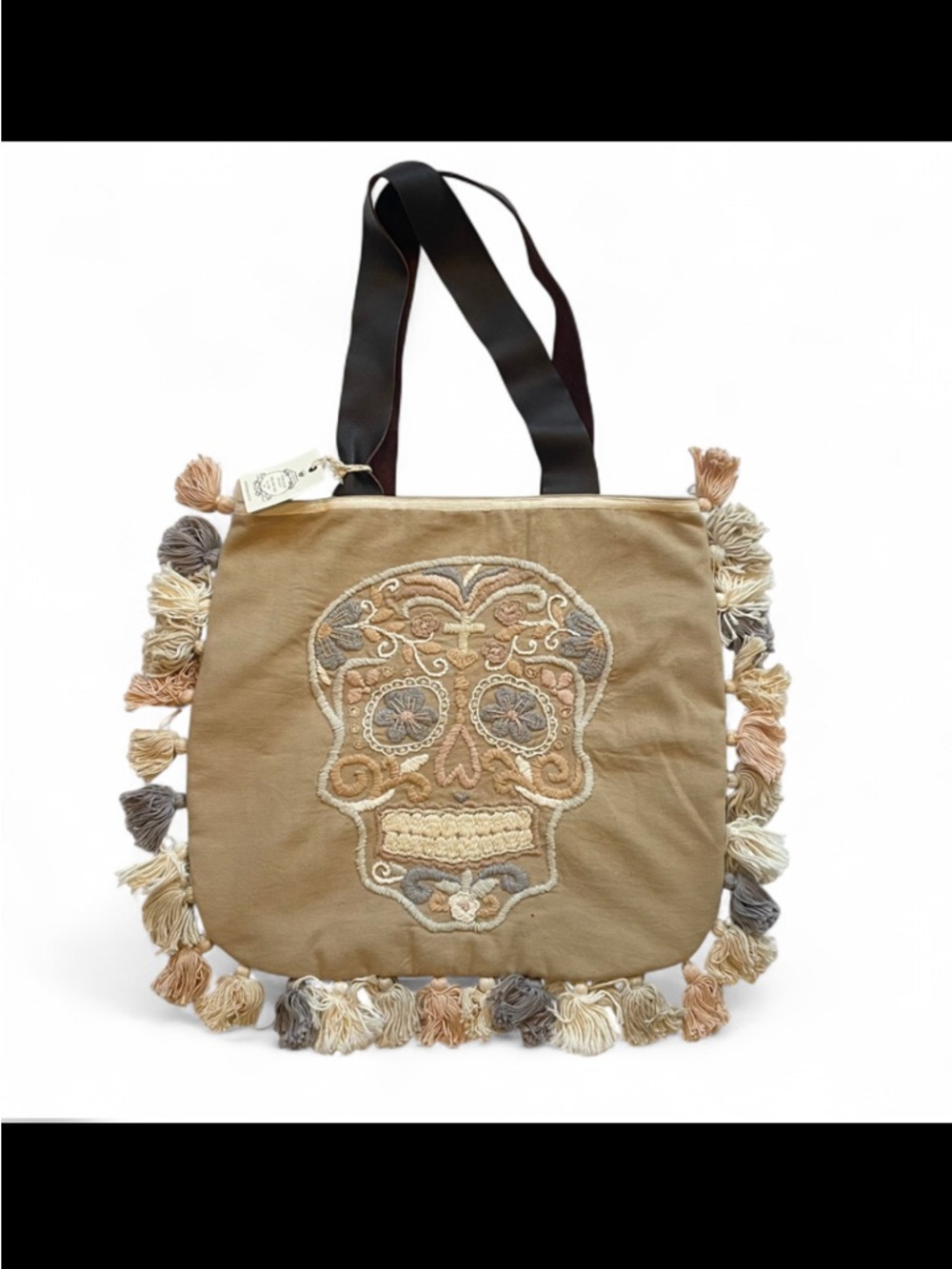 La Troupe Tulum Skull Tassel Tote Bag Bolso Calaca Verde Bordado Y